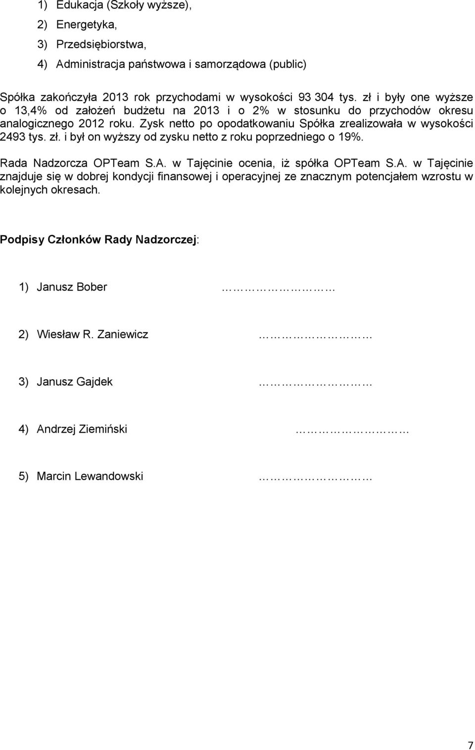 zł. i był on wyższy od zysku netto z roku poprzedniego o 19%. Rada Nadzorcza OPTeam S.A.