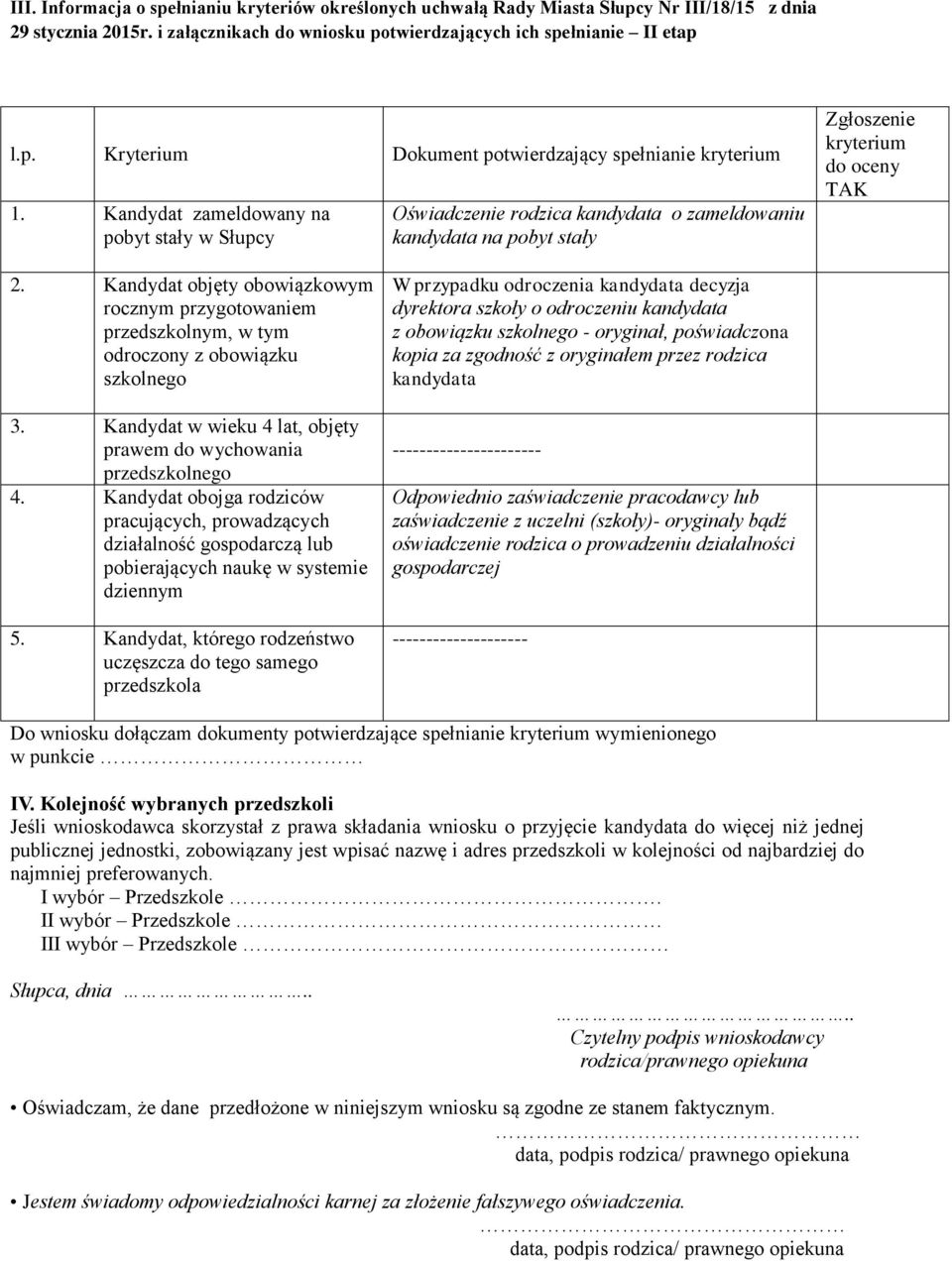 Kandydat objęty obowiązkowym rocznym przygotowaniem przedszkolnym, w tym odroczony z obowiązku szkolnego 3. Kandydat w wieku 4 lat, objęty prawem do wychowania przedszkolnego 4.