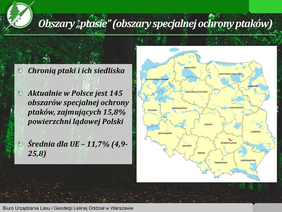 145 obszarów specjalnej ochrony ptaków, zajmujących