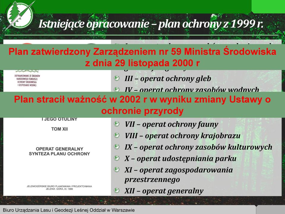 zasobów geomorfologicznych III operat ochrony gleb IV operat ochrony zasobów wodnych Plan stracił ważność w 2002 V operat r w wyniku ochrony flory