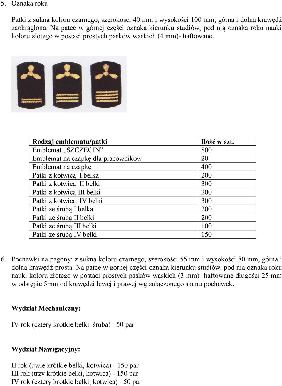 Emblemat SZCZECIN 800 Emblemat na czapkę dla pracowników 20 Emblemat na czapkę 400 Patki z kotwicą I belka 200 Patki z kotwicą II belki 300 Patki z kotwicą III belki 200 Patki z kotwicą IV belki 300