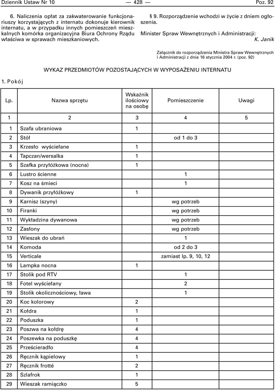 aêciwa w sprawach mieszkaniowych. 9. Rozporzàdzenie wchodzi w ycie z dniem og oszenia. Minister Spraw Wewn trznych i Administracji: K.