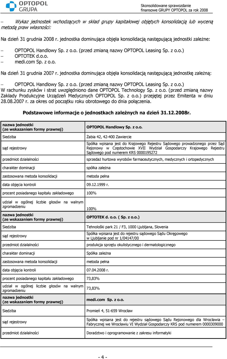 jednostka dominująca objęła konsolidacją następującą jednostkę zaleŝną: OPTOPOL Handlowy Sp. z o.o. (przed zmianą nazwy OPTOPOL Leasing Sp. z o.o.) W rachunku zysków i strat uwzględniono dane OPTOPOL Technology Sp.