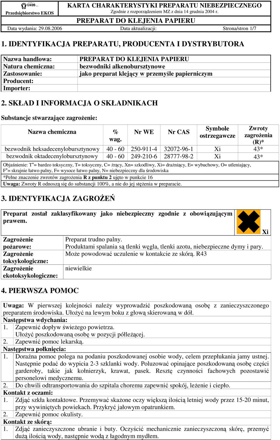 SKŁAD I INFORMACJA O SKŁADNIKACH Substancje stwarzające zagroŝenie: Nazwa chemiczna % wag.