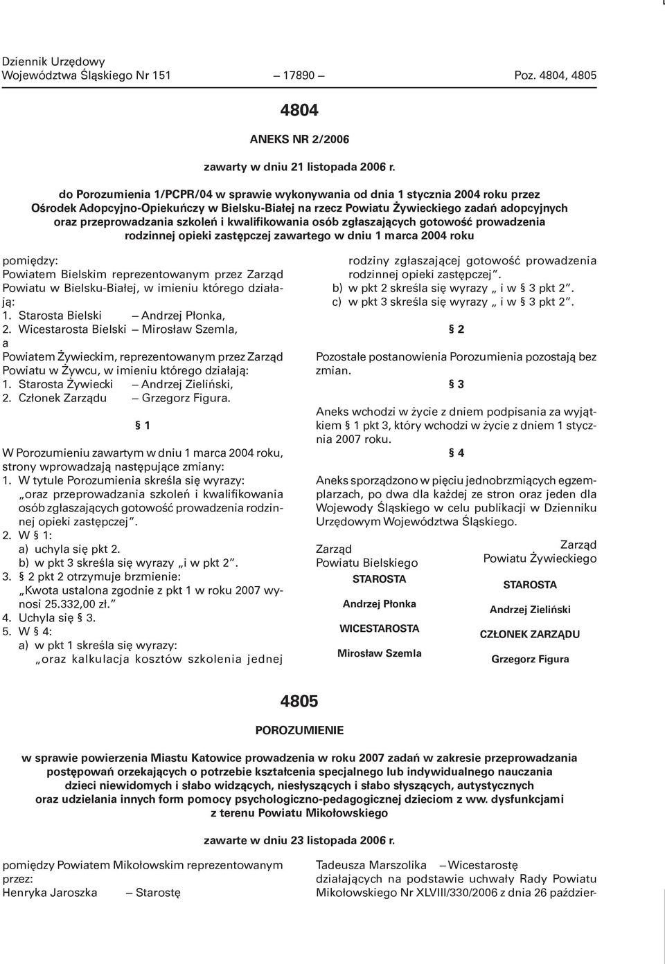 szkoleń i kwalifikowania osób zgłaszających gotowość prowadzenia rodzinnej opieki zastępczej zawartego w dniu 1 marca 2004 roku pomiędzy: Powiatem Bielskim reprezentowanym przez Zarząd Powiatu w
