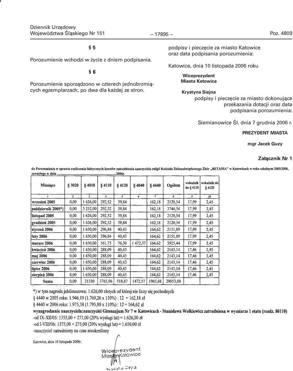 podpisy i pieczęcie za miasto Katowice oraz data podpisania porozumienia: Katowice, dnia 10 listopada 2006 roku Wiceprezydent Miasta