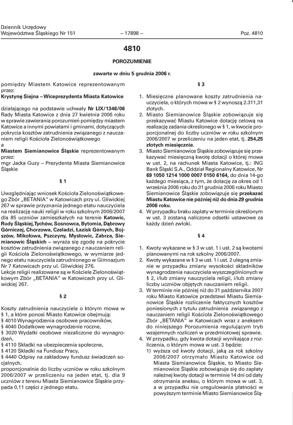 sprawie zawierania porozumień pomiędzy miastem Katowice a innymi powiatami i gminami, dotyczących pokrycia kosztów zatrudnienia związanego z nauczaniem religii Kościoła Zielonoświątkowego a Miastem