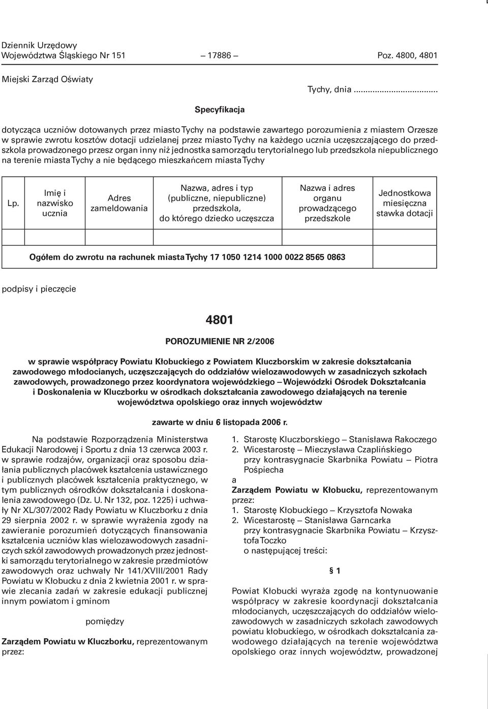 uczęszczającego do przedszkola prowadzonego przesz organ inny niż jednostka samorządu terytorialnego lub przedszkola niepublicznego na terenie miasta Tychy a nie będącego mieszkańcem miasta Tychy Lp.