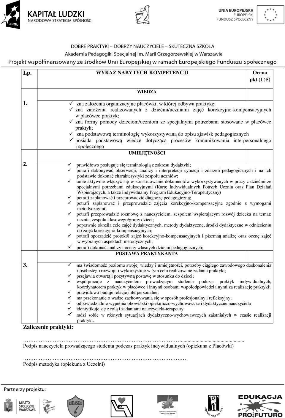 ze specjalnymi potrzebami stosowane w placówce praktyk; zna podstawową terminologię wykorzystywaną do opisu zjawisk pedagogicznych posiada podstawową wiedzę dotyczącą procesów komunikowania