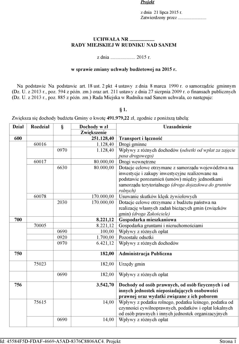 zm.) Rada Miejska w Rudniku nad Sanem uchwala, co następuje: Zwiększa się dochody budżetu Gminy o kwotę 491.979,22 zł, zgodnie z poniższą tabelą: 1.