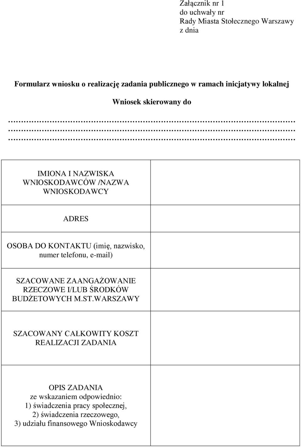 numer telefonu, e-mail) SZACOWANE ZAANGAŻOWANIE RZECZOWE I/LUB ŚRODKÓW BUDŻETOWYCH M.ST.