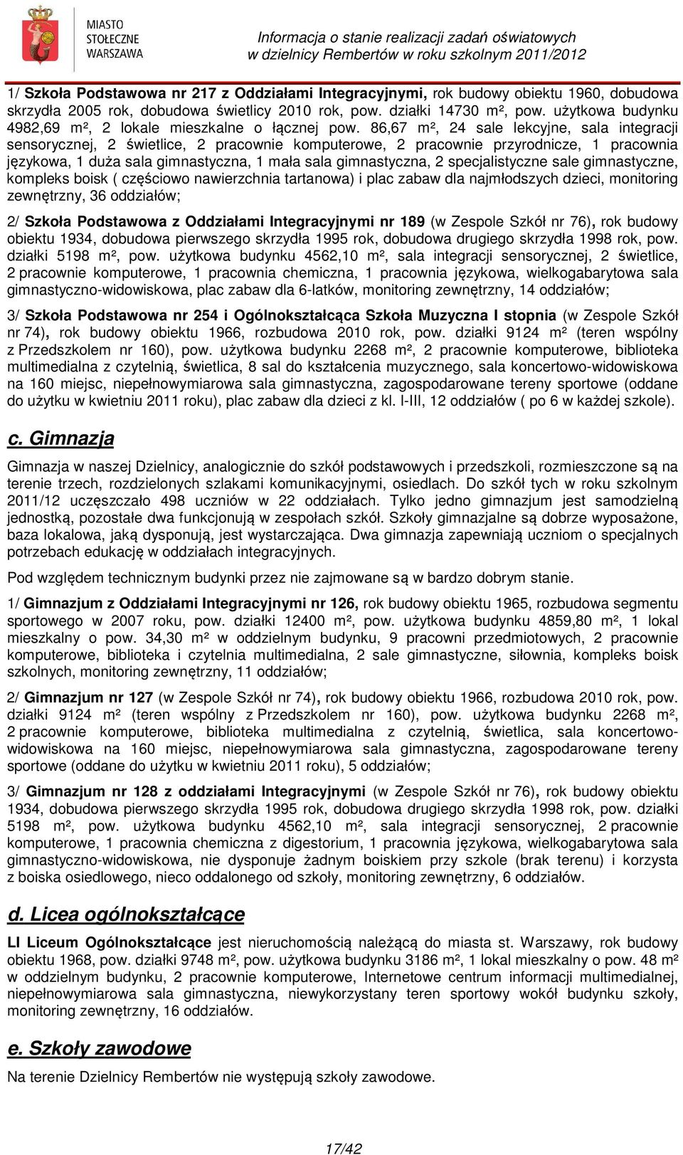 86,67 m², 24 sale lekcyjne, sala integracji sensorycznej, 2 świetlice, 2 pracownie komputerowe, 2 pracownie przyrodnicze, 1 pracownia językowa, 1 duża sala gimnastyczna, 1 mała sala gimnastyczna, 2