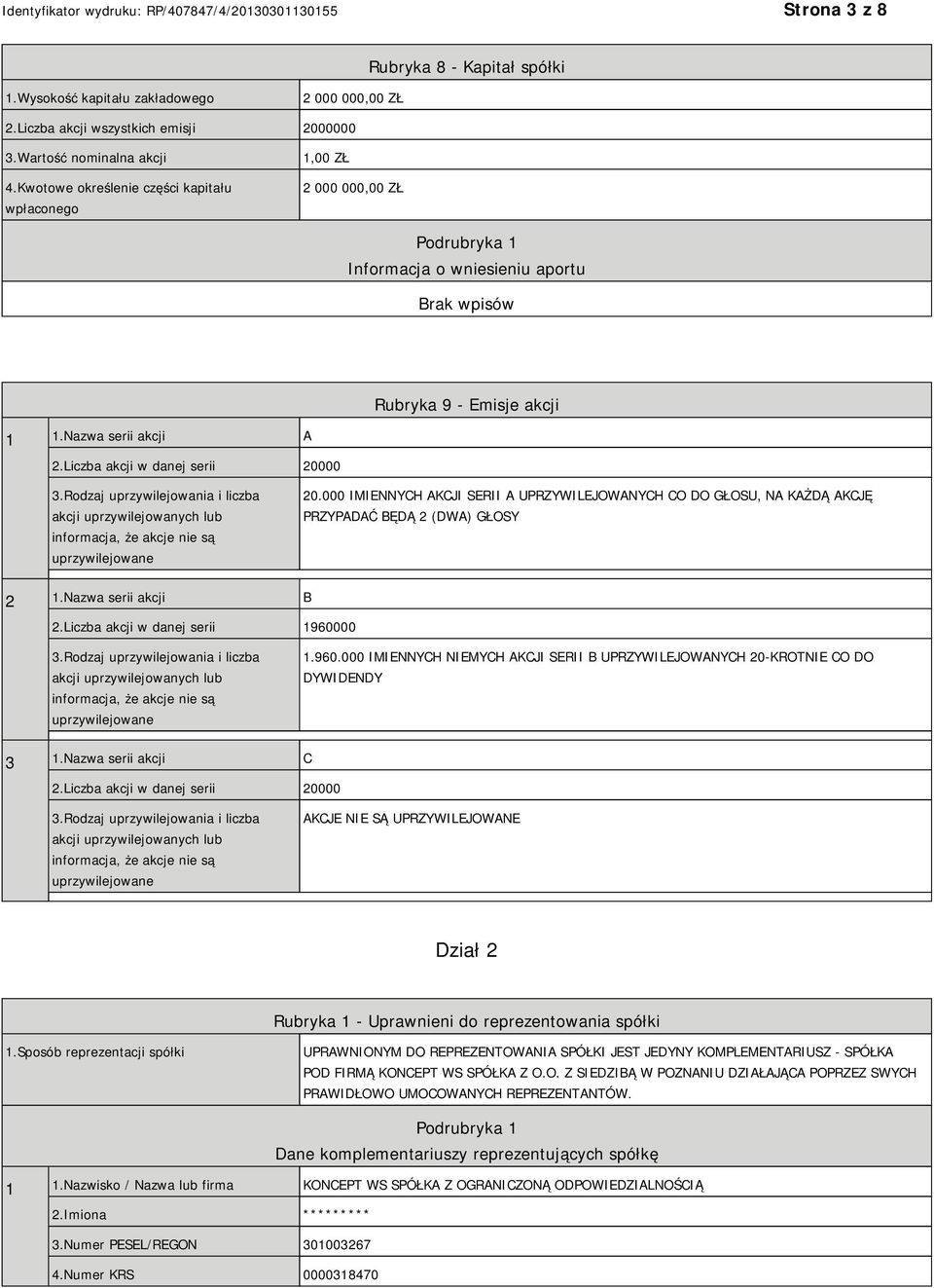 Rodzaj uprzywilejowania i liczba akcji uprzywilejowanych lub informacja, że akcje nie są uprzywilejowane 20.