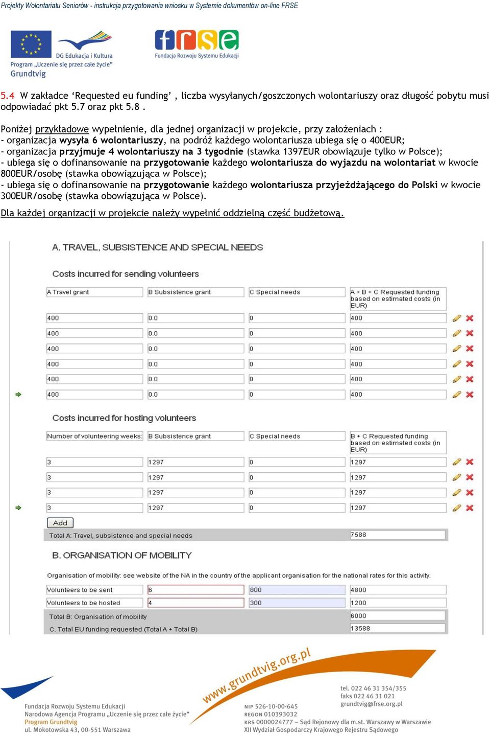 przyjmuje 4 wolontariuszy na 3 tygodnie (stawka 1397EUR obowiązuje tylko w Polsce); - ubiega się o dofinansowanie na przygotowanie każdego wolontariusza do wyjazdu na wolontariat w kwocie