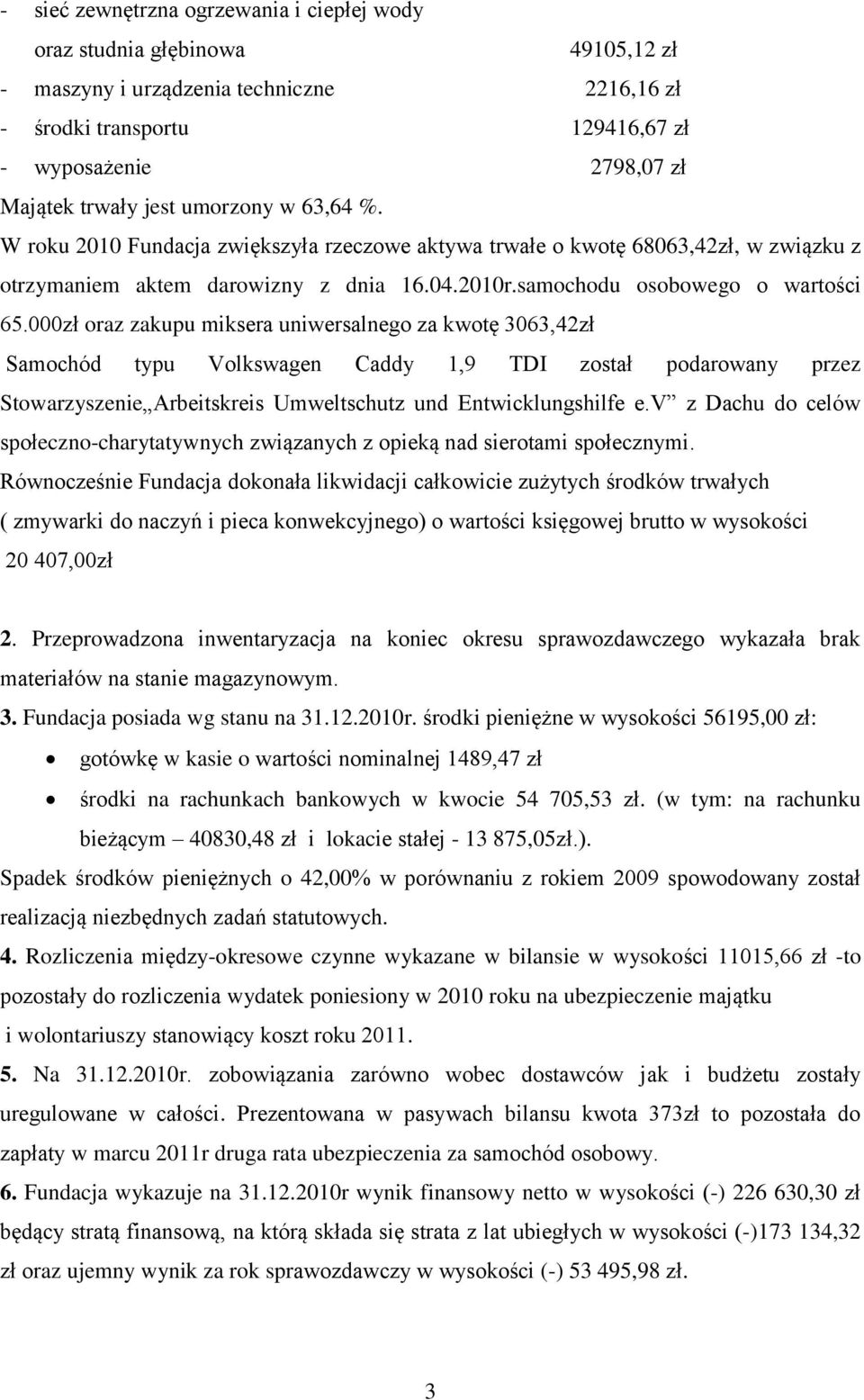 000zł oraz zakupu miksera uniwersalnego za kwotę 3063,42zł Samochód typu Volkswagen Caddy 1,9 TDI został podarowany przez Stowarzyszenie Arbeitskreis Umweltschutz und Entwicklungshilfe e.