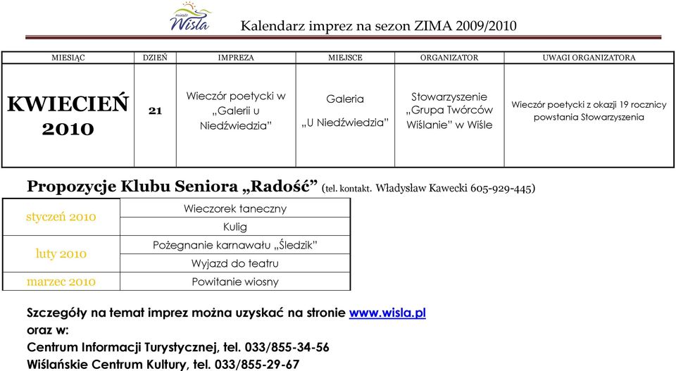 Władysław Kawecki 605-929-445) styczeń 2010 luty 2010 marzec 2010 Wieczorek taneczny Kulig PoŜegnanie karnawału Śledzik Wyjazd do teatru