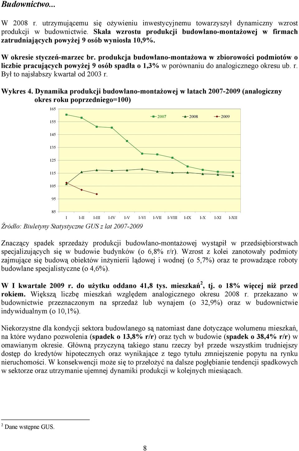 produkcja budowlano-montażowa w zbiorowości podmiotów o liczbie pracujących powyżej 9 osób spadła o 1,3% w porównaniu do analogicznego okresu ub. r. Był to najsłabszy kwartał od 2003 r. Wykres 4.