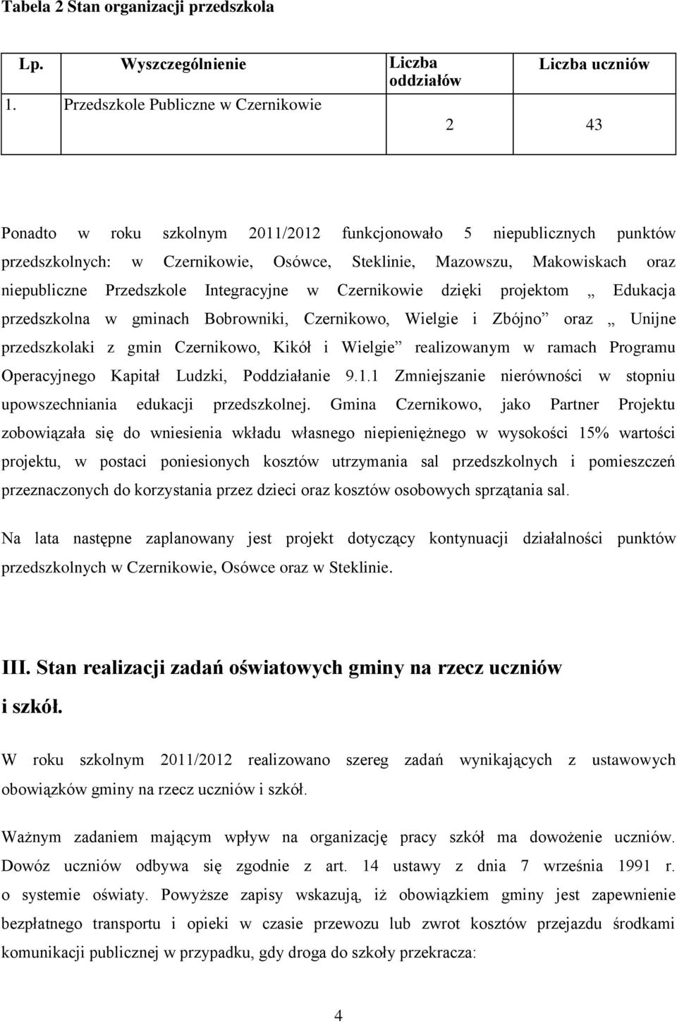 niepubliczne Przedszkole Integracyjne w Czernikowie dzięki projektom Edukacja przedszkolna w gminach Bobrowniki, Czernikowo, Wielgie i Zbójno oraz Unijne przedszkolaki z gmin Czernikowo, Kikół i