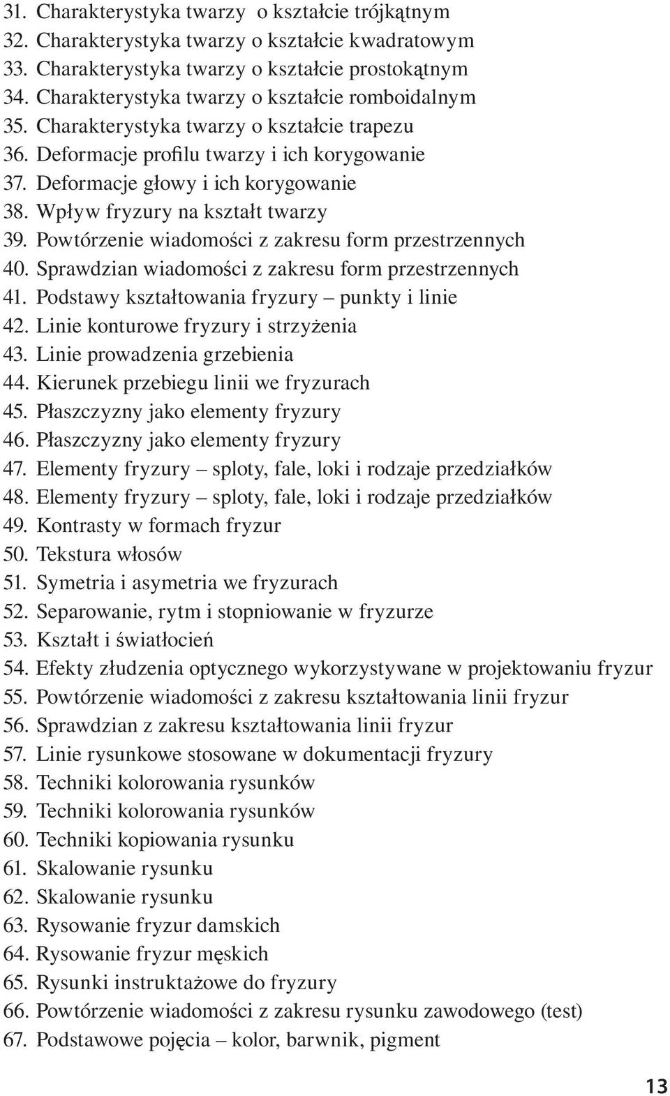 Wp yw fryzury na kszta t twarzy 39. Powtórzenie wiadomo ci z zakresu form przestrzennych 40. Sprawdzian wiadomo ci z zakresu form przestrzennych 41. Podstawy kszta towania fryzury punkty i linie 42.