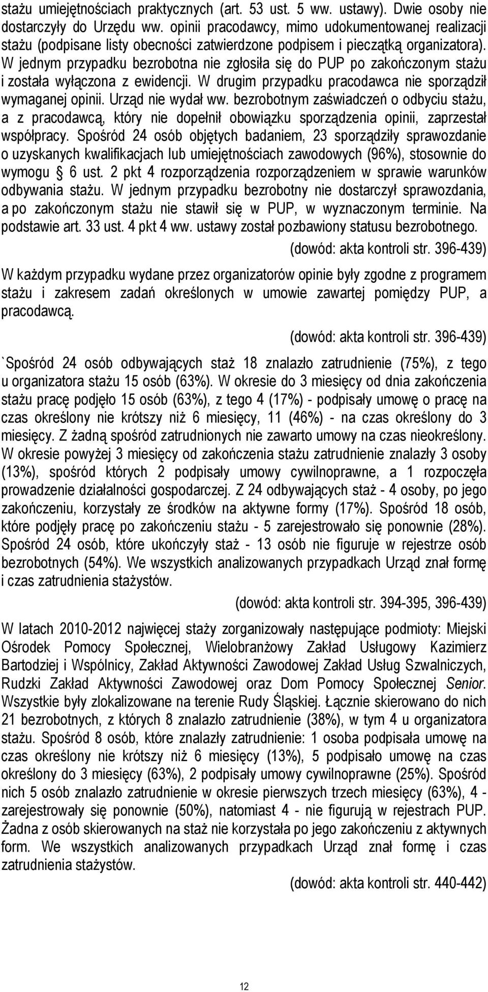 W jednym przypadku bezrobotna nie zgłosiła się do PUP po zakończonym stażu i została wyłączona z ewidencji. W drugim przypadku pracodawca nie sporządził wymaganej opinii. Urząd nie wydał ww.