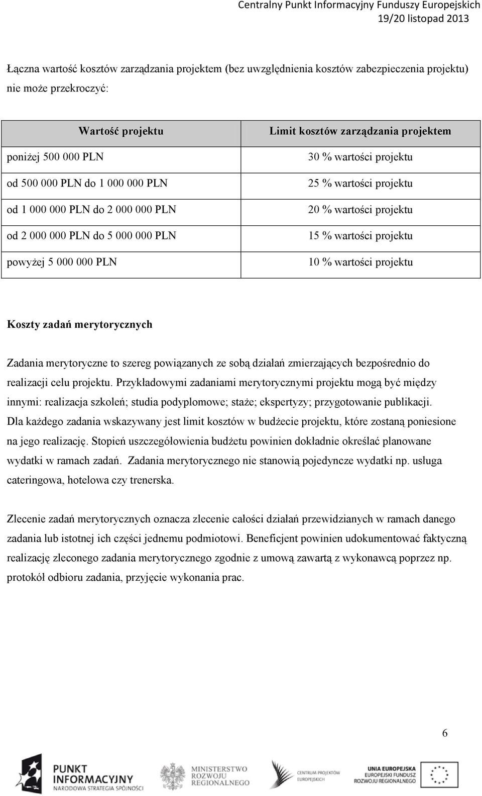 projektu 10 % wartości projektu Koszty zadań merytorycznych Zadania merytoryczne to szereg powiązanych ze sobą działań zmierzających bezpośrednio do realizacji celu projektu.