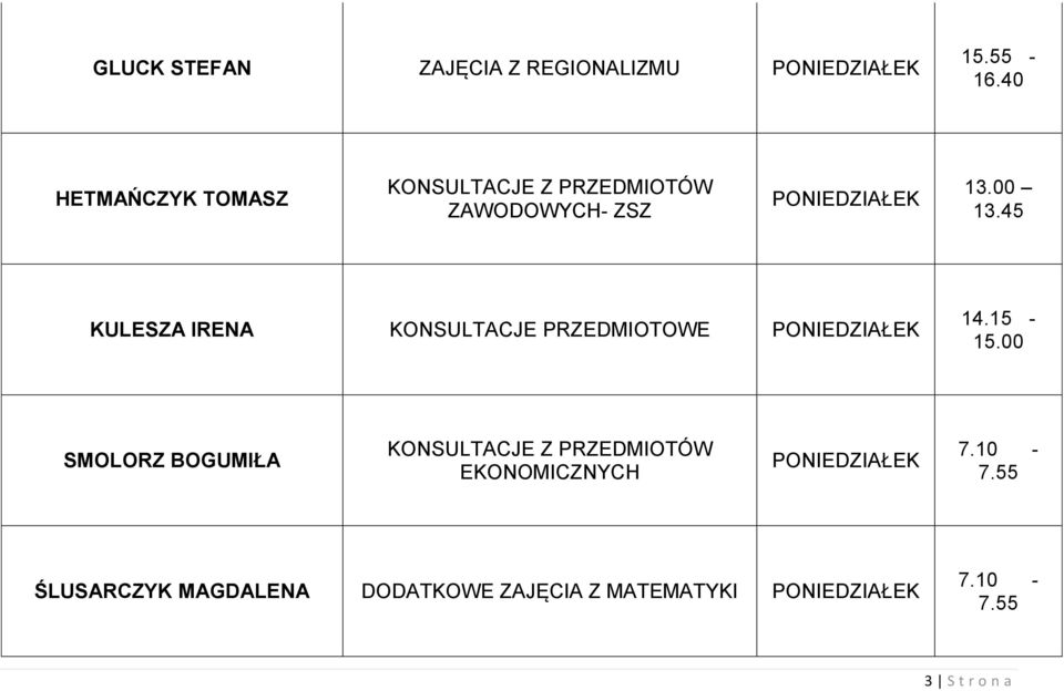 45 KULESZA IRENA KONSULTACJE PRZEDMIOTOWE PONIEDZIAŁEK 14.15-15.