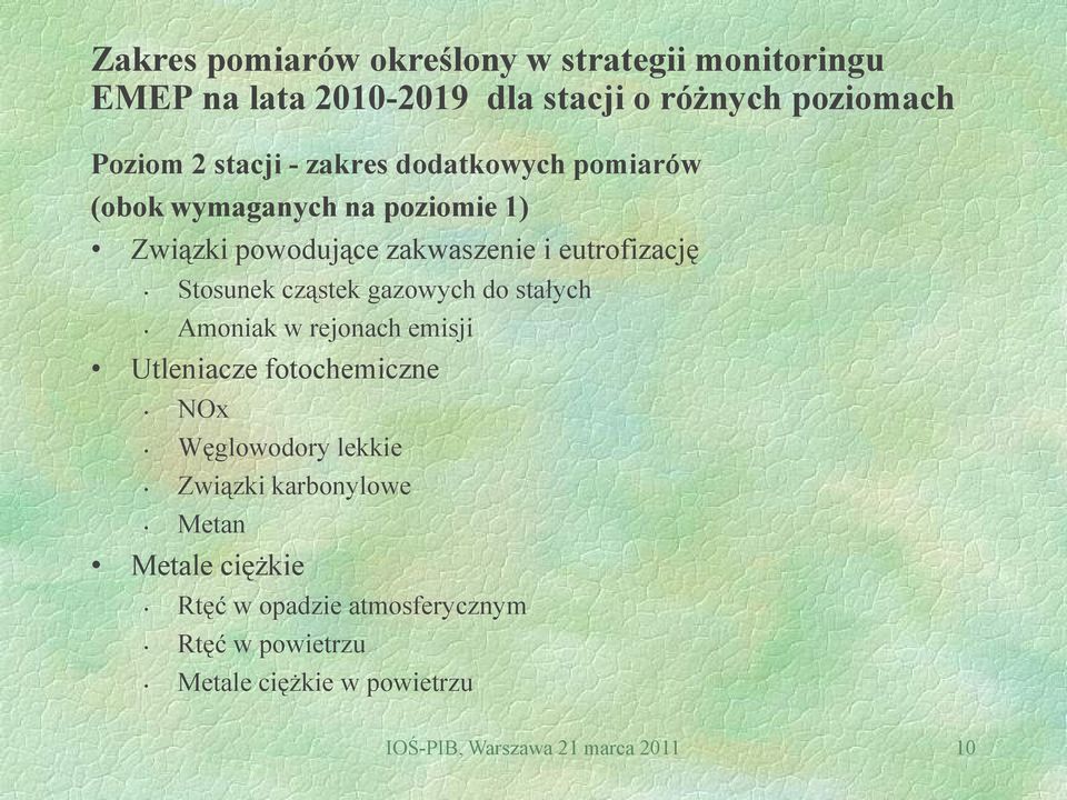 cząstek gazowych do stałych Amoniak w rejonach emisji Utleniacze fotochemiczne NOx Węglowodory lekkie Związki karbonylowe