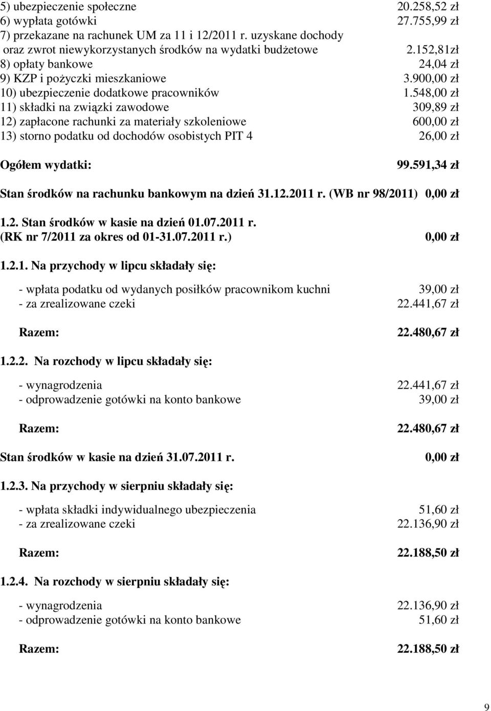 548,00 zł 11) składki na związki zawodowe 309,89 zł 12) zapłacone rachunki za materiały szkoleniowe 60 13) storno podatku od dochodów osobistych PIT 4 26,00 zł Ogółem wydatki: 99.