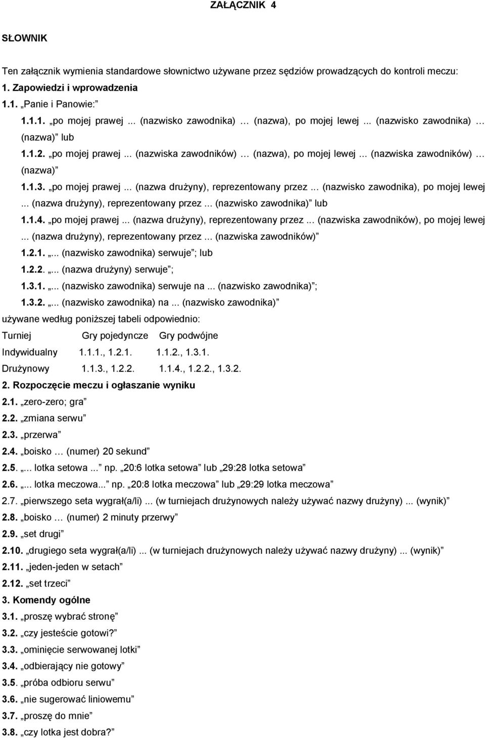 po mojej prawej... (nazwa drużyny), reprezentowany przez... (nazwisko zawodnika), po mojej lewej... (nazwa drużyny), reprezentowany przez... (nazwisko zawodnika) lub 1.1.4. po mojej prawej.
