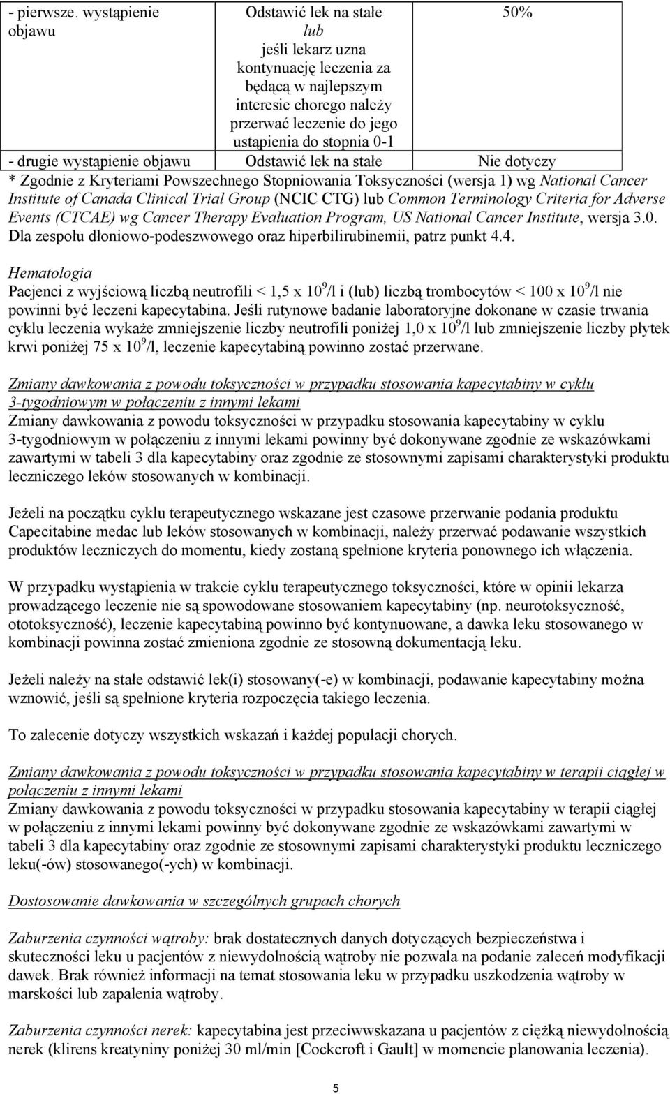 wystąpienie objawu Odstawić lek na stałe Nie dotyczy * Zgodnie z Kryteriami Powszechnego Stopniowania Toksyczności (wersja 1) wg National Cancer Institute of Canada Clinical Trial Group (NCIC CTG)