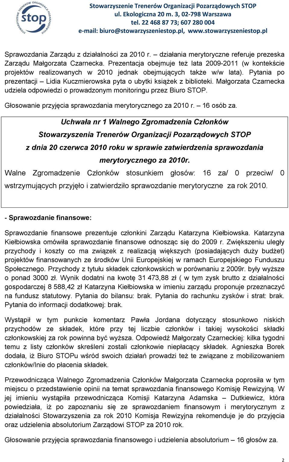 Małgorzata Czarnecka udziela odpowiedzi o prowadzonym monitoringu przez Biuro STOP. Głosowanie przyjęcia sprawozdania merytorycznego za 2010 r. 16 osób za.