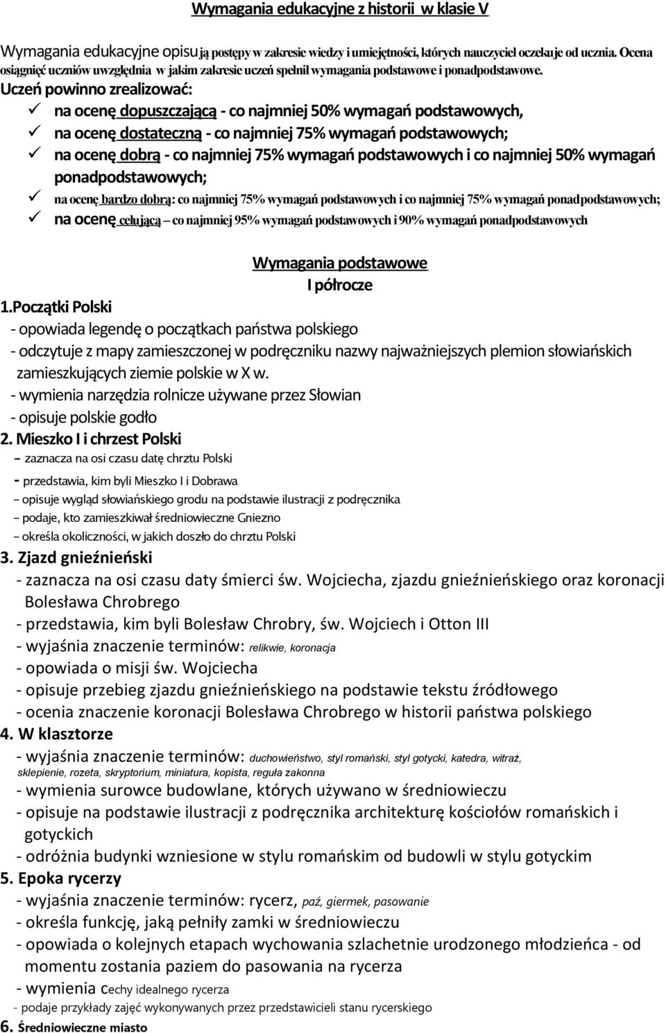 Uczeń powinno zrealizować: na ocenę dopuszczającą - co najmniej 50% wymagań podstawowych, na ocenę dostateczną - co najmniej 75% wymagań podstawowych; na ocenę dobrą - co najmniej 75% wymagań