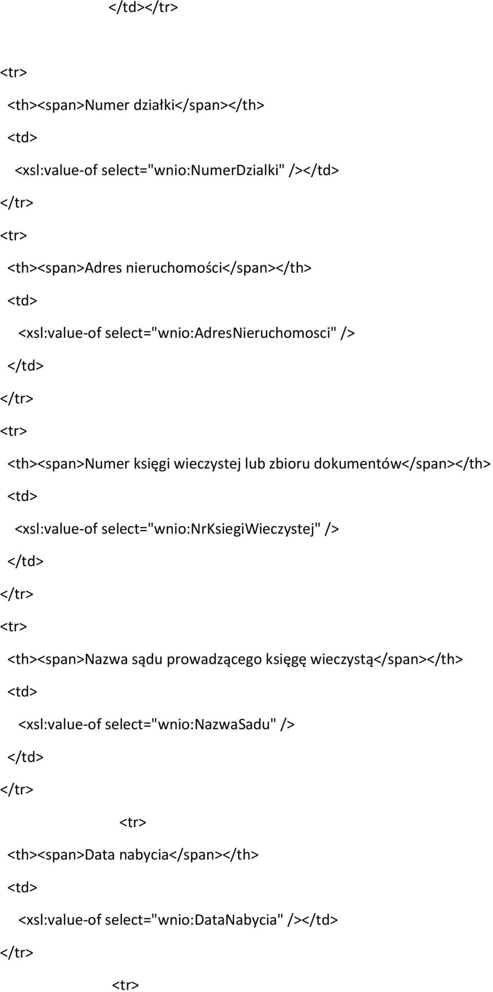dokumentów</span> <xsl:value-of select="wnio:nrksiegiwieczystej" /> <th><span>nazwa sądu prowadzącego księgę