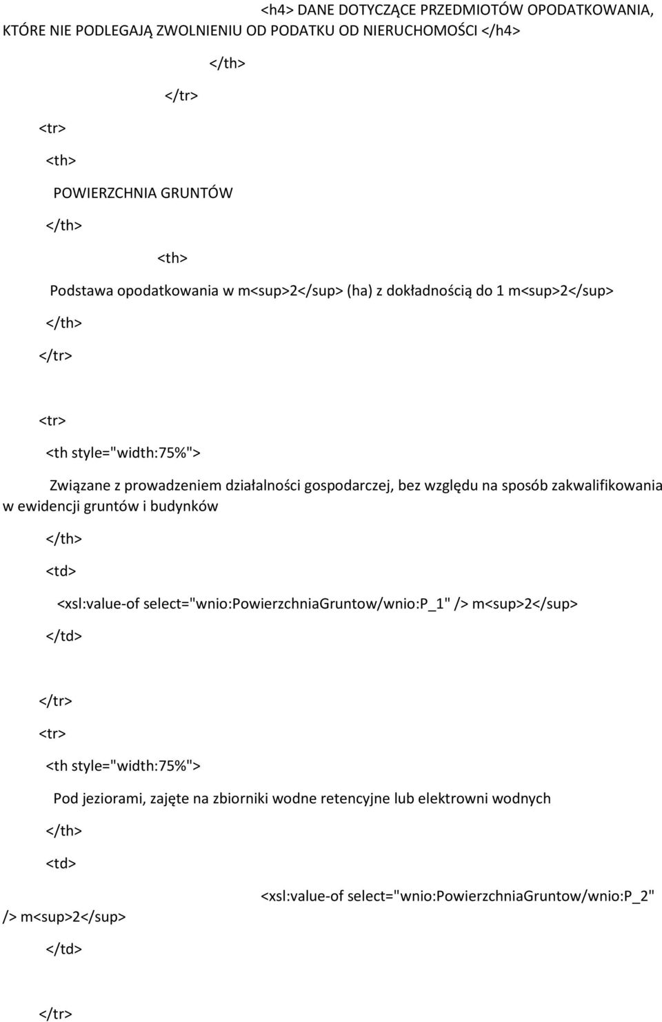 względu na sposób zakwalifikowania w ewidencji gruntów i budynków <xsl:value-of select="wnio:powierzchniagruntow/wnio:p_1" /> m<sup>2</sup> <th