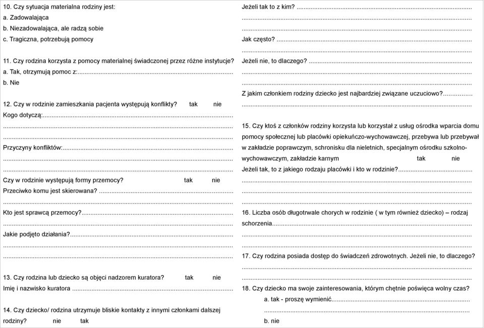 .. Przyczyny konfliktów:... Czy w rodzinie występują formy przemocy? tak nie Przeciwko komu jest skierowana?... Kto jest sprawcą przemocy?... Jakie podjęto działania?... 13.
