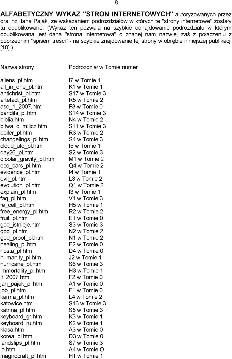 znajdowanie tej strony w obrębie niniejszej publikacji [10].) Nazwa strony Podrozdział w Tomie numer aliens_pl.htm I7 w Tomie 1 all_in_one_pl.htm K1 w Tomie 1 antichrist_pl.