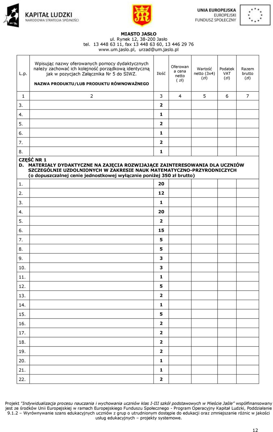 NAZWA PRODUKTU/LUB PRODUKTU RÓWNOWAŻNEGO Oferowan a cena netto ( zł) Wartość netto (3x4) (zł) Podatek VAT (zł) Razem brutto (zł) 1 2 3 4 5 6 7 3. 2 4. 1 5. 2 6. 1 7. 2 8. 1 D.