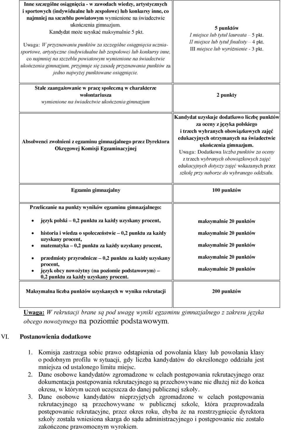 Uwaga: W przyznawaniu punktów za szczególne osiągnięcia uczniasportowe, artystyczne (indywidualne lub zespołowe) lub konkursy inne, co najmniej na szczeblu powiatowym wymienione na świadectwie