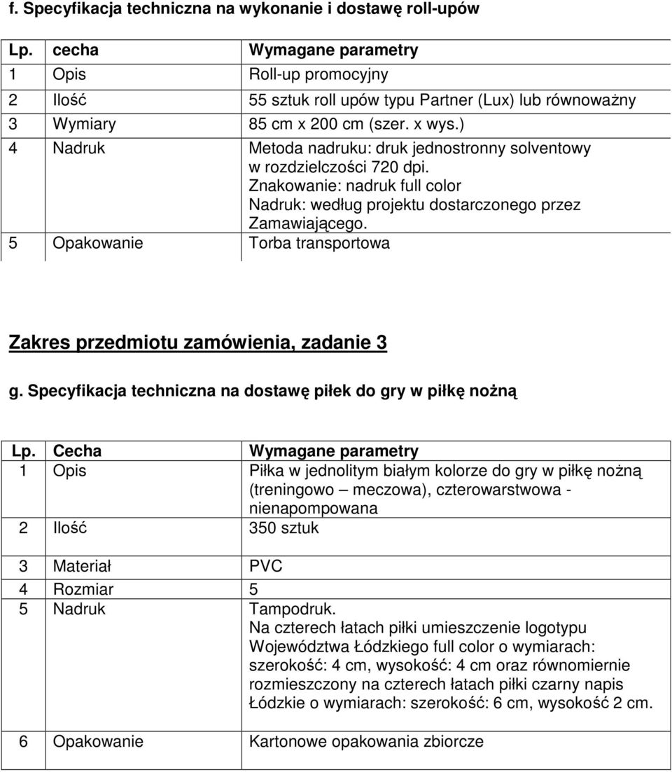 5 Opakowanie Torba transportowa Zakres przedmiotu zamówienia, zadanie 3 g. Specyfikacja techniczna na dostawę piłek do gry w piłkę nożną Lp.