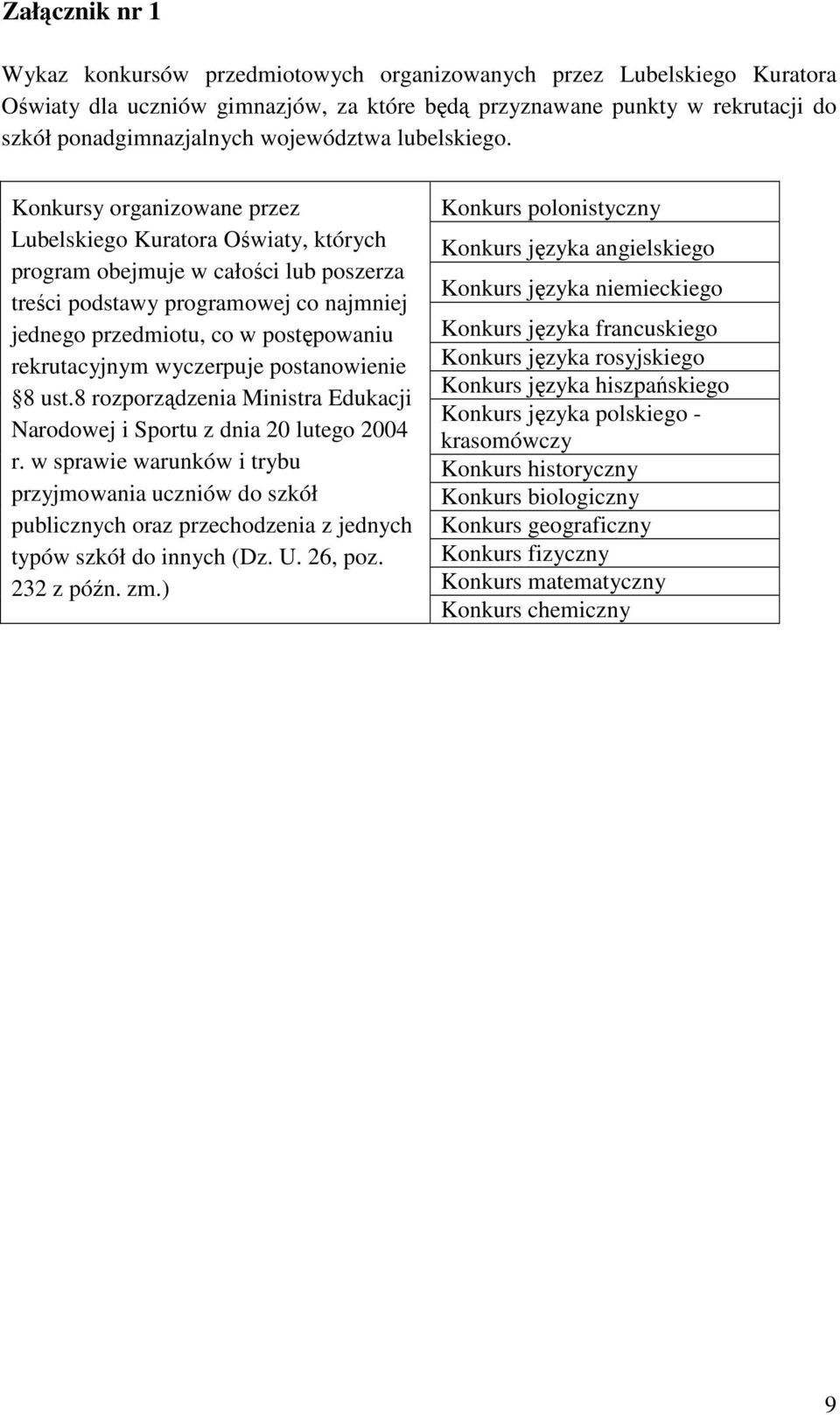 Konkursy organizowane przez Lubelskiego Kuratora Oświaty, których program obejmuje w całości lub poszerza treści podstawy programowej co najmniej jednego przedmiotu, co w postępowaniu rekrutacyjnym