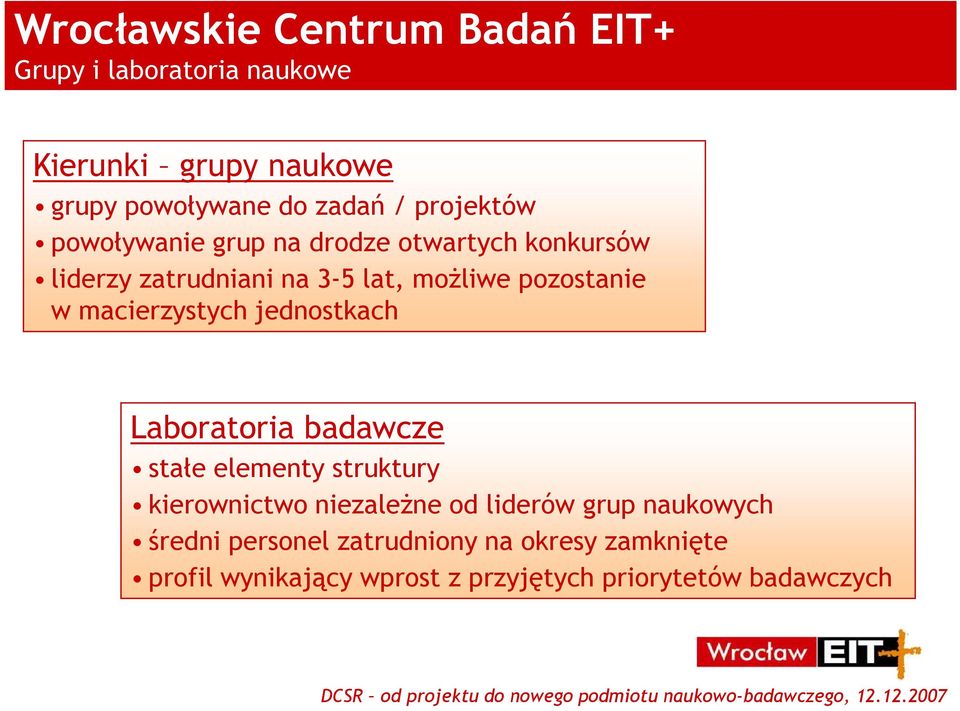 macierzystych jednostkach Laboratoria badawcze stałe elementy struktury kierownictwo niezaleŝne od liderów grup