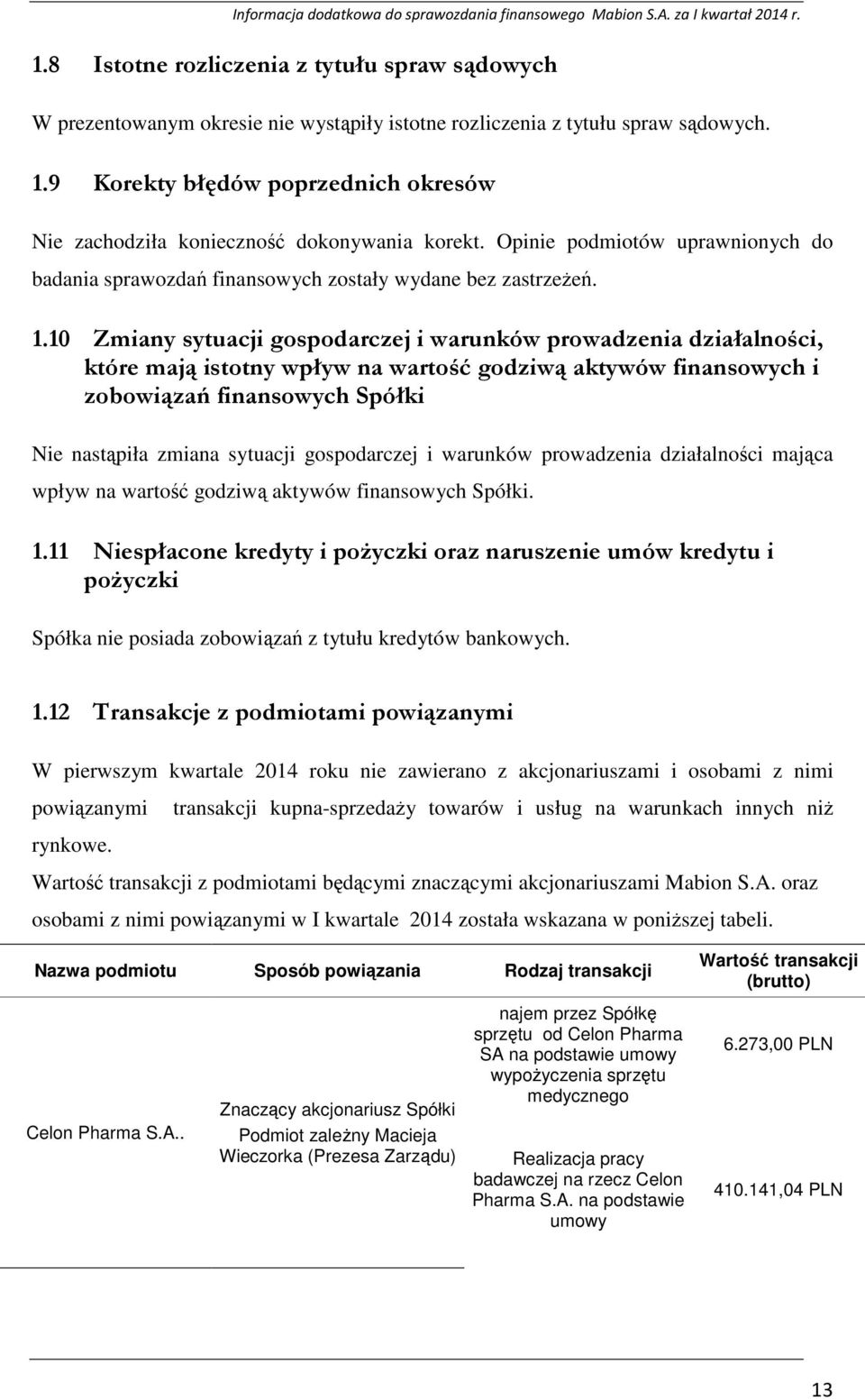 10 Zmiany sytuacji gospodarczej i warunków prowadzenia działalności, które mają istotny wpływ na wartość godziwą aktywów finansowych i zobowiązań finansowych Spółki Nie nastąpiła zmiana sytuacji