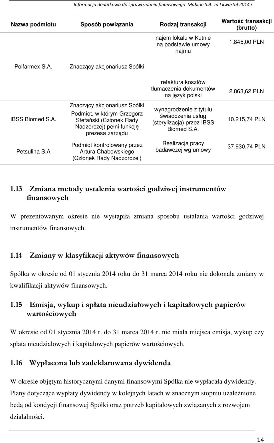 Znaczący akcjonariusz Spółki Podmiot, w którym Grzegorz Stefański (Członek Rady Nadzorczej) pełni funkcję prezesa zarządu wynagrodzenie z tytułu świadczenia usług (sterylizacja) przez IBSS Biomed S.A.