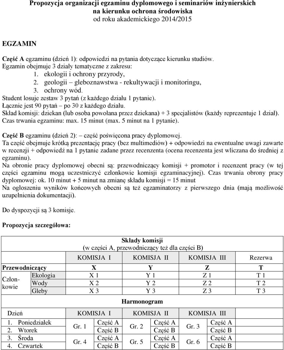 Student losuje zestaw 3 pytań (z każdego działu 1 pytanie). Łącznie jest 90 pytań po 30 z każdego działu.