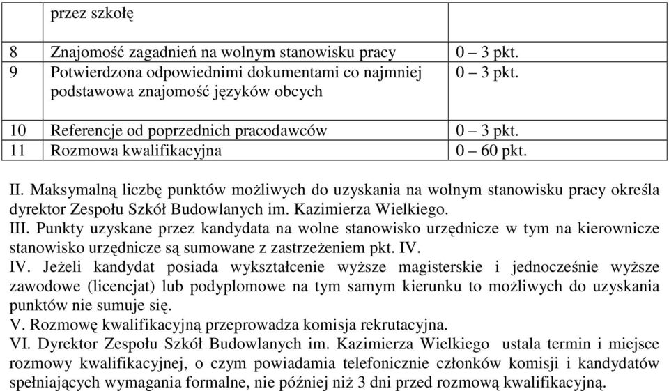 Maksymalną liczbę punktów możliwych do uzyskania na wolnym stanowisku pracy określa dyrektor Zespołu Szkół Budowlanych im. Kazimierza Wielkiego. III.