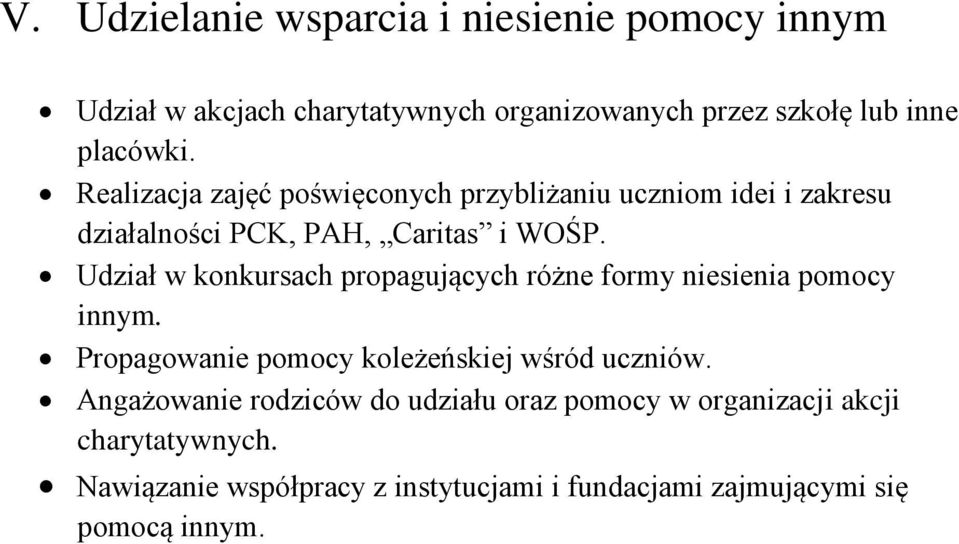 Udział w konkursach propagujących różne formy niesienia pomocy innym. Propagowanie pomocy koleżeńskiej wśród uczniów.