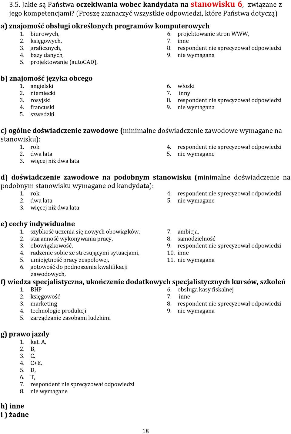 graficznych, 8. respondent nie sprecyzował odpowiedzi 4. bazy danych, 9. nie wymagana 5. projektowanie (autocad), b) znajomość języka obcego 1. angielski 2. niemiecki 3. rosyjski 4. francuski 5.