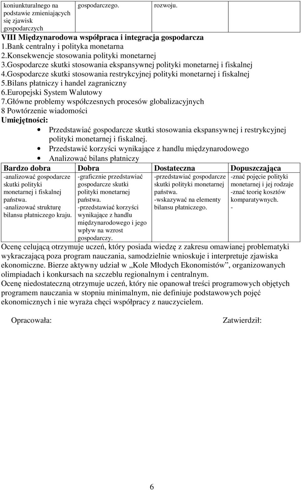 Gospodarcze skutki stosowania restrykcyjnej polityki monetarnej i fiskalnej 5.Bilans płatniczy i handel zagraniczny 6.Europejski System Walutowy 7.