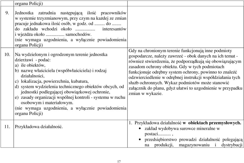 Na wydzielonym i ogrodzonym terenie jednostka dzierżawi - podać: a) ile obiektów, b) nazwę właściciela (współwłaściciela) i rodzaj działalności, c) lokalizacja, powierzchnia, kubatura, d) system