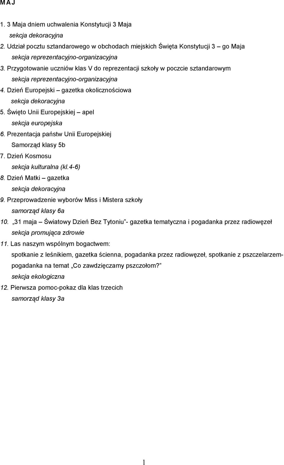 Święto Unii Europejskiej apel sekcja europejska 6. Prezentacja państw Unii Europejskiej Samorząd klasy 5b 7. Dzień Kosmosu sekcja kulturalna (kl.4-6) 8. Dzień Matki gazetka 9.